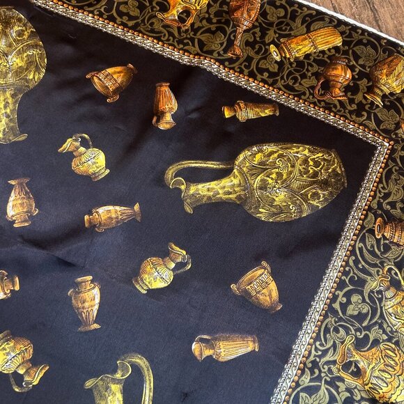 Vintage Black Baroque Square Scarf with Egyptian Urns and Vessels - Picture 5 of 8